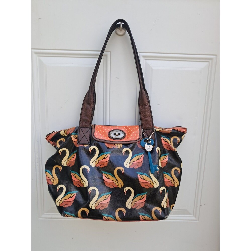Fossil Vintage Shoulder Bag Swans Multicolor Large Colorful KeyPer Coated Rare!